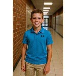 Under Armour Boys Blue HeatGear Polo Shirt Youth Medium Loose Fit Short Sleeve